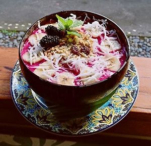 Mountain Smoothie bowl with dragon fruits and fresh coconut😄 at Sarinbuana Eco Lodge Restaurant in Tabanan