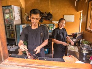 Our open kitchen means you can watch as our local chefs prepare your meals😄 at Sarinbuana Eco Lodge Restaurant in Tabanan