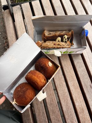 toasties and doughnuts in repurposed milk boxes😄 at Let Them Eat Vegan in Dunedin