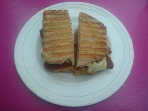 'Chorizo' & smoked 'Gouda' toastie for $9 at Let Them Eat Vegan in Dunedin