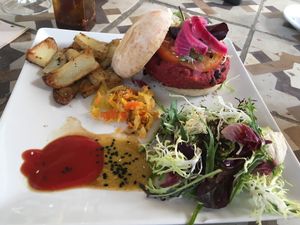Vegan Hamburger - so delicious!! at Tarifa EcoCenter in Tarifa