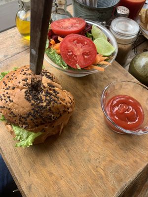 Quinoa burger with salad at Spirulina in Puerto Escondido