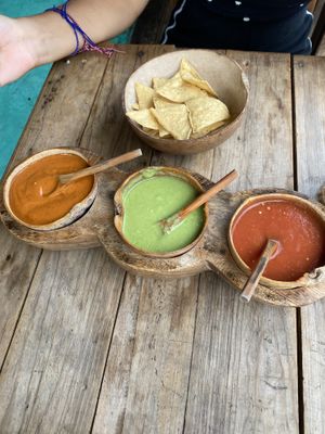 Chips and salsas (for free)  at Spirulina in Puerto Escondido