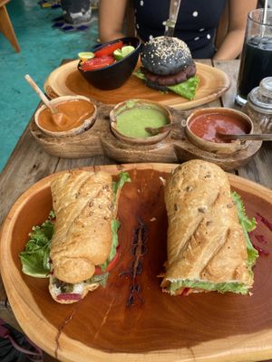 Sandwich and burger  at Spirulina in Puerto Escondido