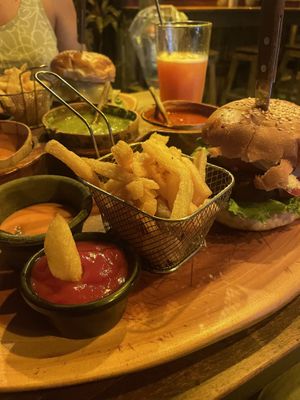 Soy Burger and Friess  at Spirulina in Puerto Escondido