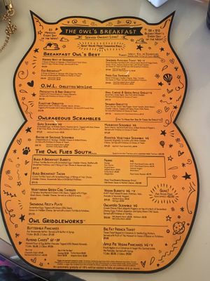 Menu at The Toasted Owl Cafe - S Mikes Pike St in Flagstaff