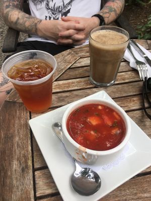 Iced Black Peach Tea, Banana Latte, Watermelon Gazpacho at Garden Cafe of Woodstock in Woodstock