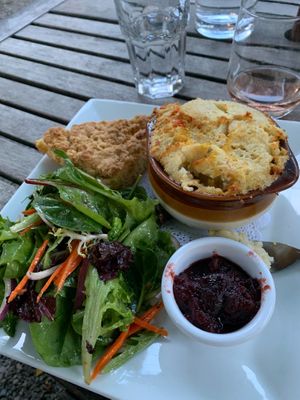 Shepards pie with cornbread cran sauce and salad at Garden Cafe of Woodstock in Woodstock