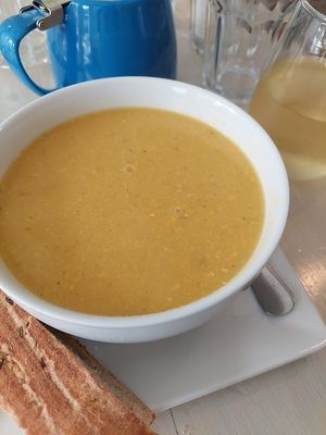 Cream of corn soup, bread was oh so good too at Garden Cafe of Woodstock in Woodstock