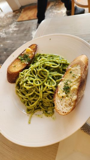 Spinach Basil Pesto Pasta at Garden Cafe of Woodstock in Woodstock