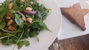 Arugula salad with white beans and onion, side of baked tempeh, so tender at Garden Cafe of Woodstock in Woodstock