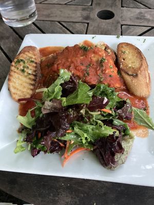 Veggie lasagna with garlic bread and salad - this was our fav option we got!  at Garden Cafe of Woodstock in Woodstock