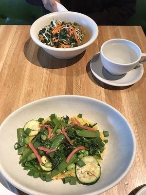 Cauliflower polenta (front) and Winter Immunity Bowl from the new 2020 Winter menu! Both vegan and delicious! at True Food Kitchen in Plano