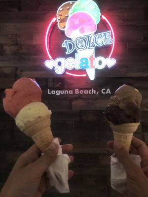 Strawberry + piña colada and chocolate + baron samedi    at Dolce Gelato in Laguna Beach