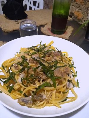 Pasta with Baba  Ganoush, onion, garlic, espinach .
Jamaica Infusión at Sat Nam in Antigua