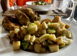 #5 potatoes, Brussels sprouts, croquettes  at Sat Nam in Antigua