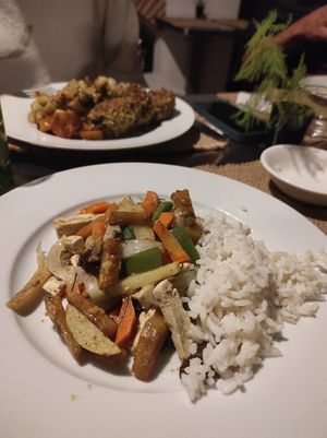 Tofu with sweet potato and a portion of rice at Sat Nam in Antigua