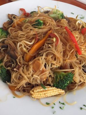 Rice noodles with vegetables in sesame oil and soya

 at Sat Nam in Antigua