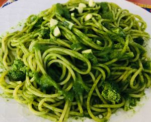 Gluten free long pasta in spinach pesto and brocoli with carrot soup ( no milk). at Sat Nam in Antigua