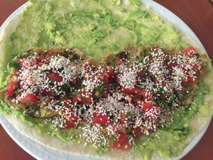 Shawarma of falafel with avocado and tabule (tomato, parsely, amaranth )
With soup zucchini and potato  at Sat Nam in Antigua