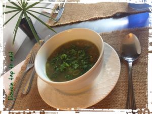 Bowll lentil soup with turmeric, cumin, pepper, onion, potato and spinach. at Sat Nam in Antigua