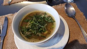 Brown lentil soup with potato and spinach at Sat Nam in Antigua