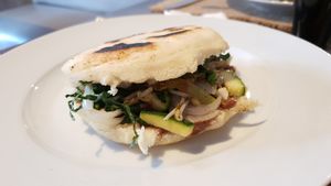 Arepa with soy sprouts, zucchini, peanut butter and cocoa at Sat Nam in Antigua