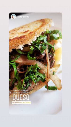 Arepa con champiñones, cebolla y espinaca con queso mozarella . at Sat Nam in Antigua