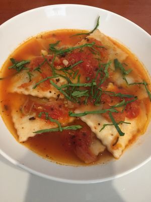 Ravioli de Tapioca rellenos de espinaca  at Sat Nam in Antigua