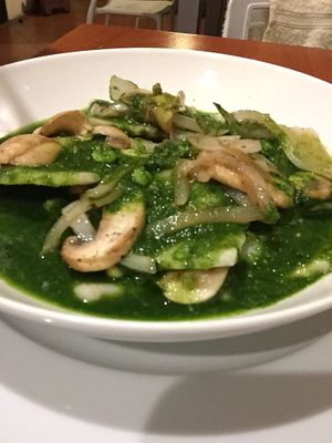 Tapioca  Ravioli stuffed with pumpkin with pesto sauce mushrooms and onion. 60 Q. at Sat Nam in Antigua