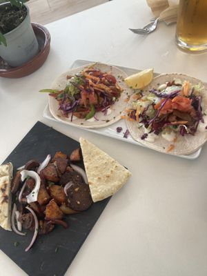 Chorizo + potatoes ; chicken fajita + chicken kebab taco  at V-Thos in Javea