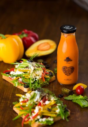 Open Sandwich & Papaya & Orange Smoothie at The Smoothie Bar in Auroville