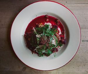 Today's lunch special is beetroot poached in hazelnut milk, served with a rocket, apple, fennel and parsley salad and dehydrated citrus fruits at The Seaplane Works in Rochester