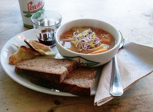 Warming miso broth with potatoes, served with homemade butternut squash dumplings and a tamari dipping sauce. It's righteous, and vegan £7.00 at The Seaplane Works in Rochester