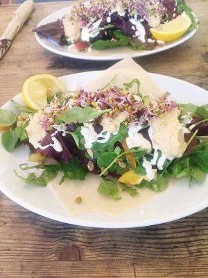 Hummus and salad wrap with cashew cream on coconut flat bread. at The Seaplane Works in Rochester
