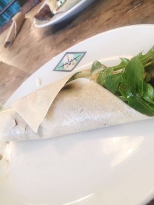 Amazing coconut bread hummus salad wrap. at The Seaplane Works in Rochester