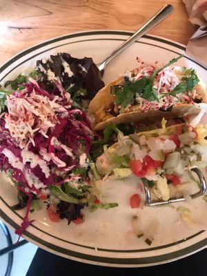 big mac taco, street corn taco, & a side salad - all vegan, all delicious  at Garage Tacos in Binghamton