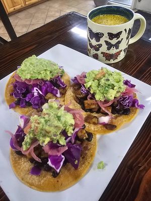 Sweet potato tacos (special) and golden latte at Zest Kitchen in Rocklin