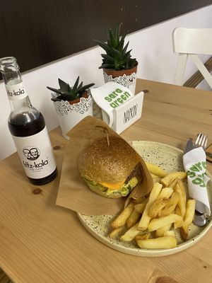 Veggie burger with fries and fritz kola   at Sara Green - Vegan Bistro in Bucharest