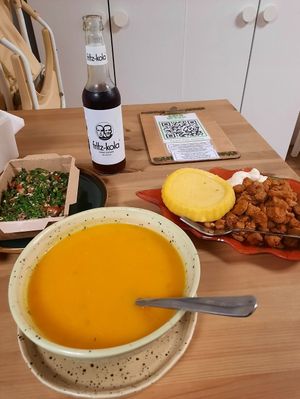 Pumpkin soup, tabbouleh and polenta at Sara Green - Vegan Bistro in Bucharest