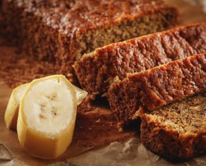 Banana Bread - fluffy banana cake with ripe bananas, chia seed "eggs", oranges, walnuts and brown cane sugar at Sara Green - Vegan Bistro in Bucharest
