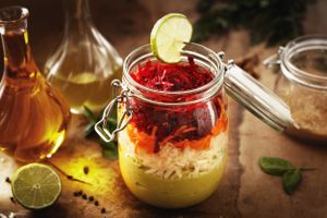 Raw Salad with beet, celery and carrot and avocado dressing at Sara Green - Vegan Bistro in Bucharest