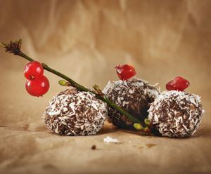Cocos Locos Bon Bons - sunflower seeds with honey, raw coconut oil, pomegranate, raw cocoa, karob, love at Sara Green - Vegan Bistro in Bucharest