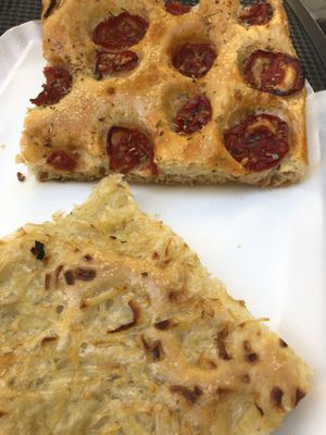Focaccia genovese with onions and with tomatoes  at Belin Che Buono in Urbino