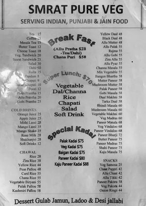 The menu at Smrat Pure Veg - Chungking 5th Floor in Kowloon
