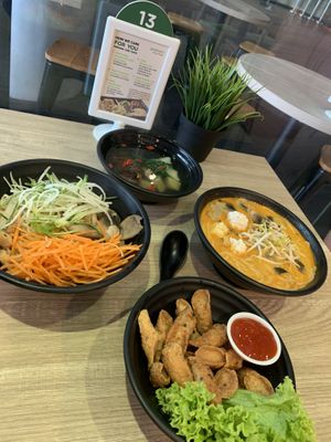 Laksa & shiitake mushroom noodles with black pepper franks. All vegan.  at Greendot - Vivocity in Central Singapore