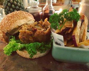 Smoky sweet potato burger and sweet potato fries  at Cafe Organic in Canggu