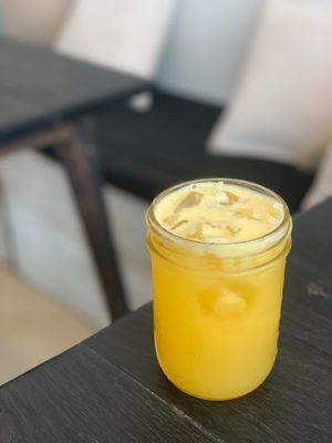 Island Vibes cold-pressed juice (pineapple, coconut water, orange, lime) at Cafe Organic in Canggu