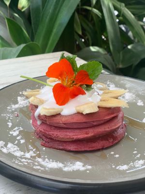 "lover's pancake" red velvet style pancakes with banana & coco whip (vegan, gf) at Cafe Organic in Canggu