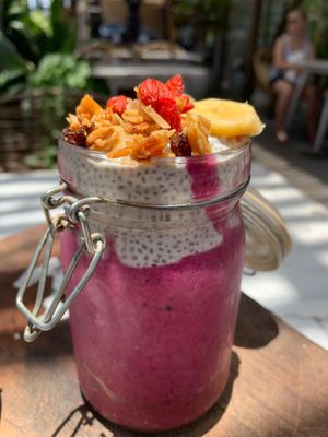 chia pudding - pitaya puree & coconut cream chia (vegan) at Cafe Organic in Canggu